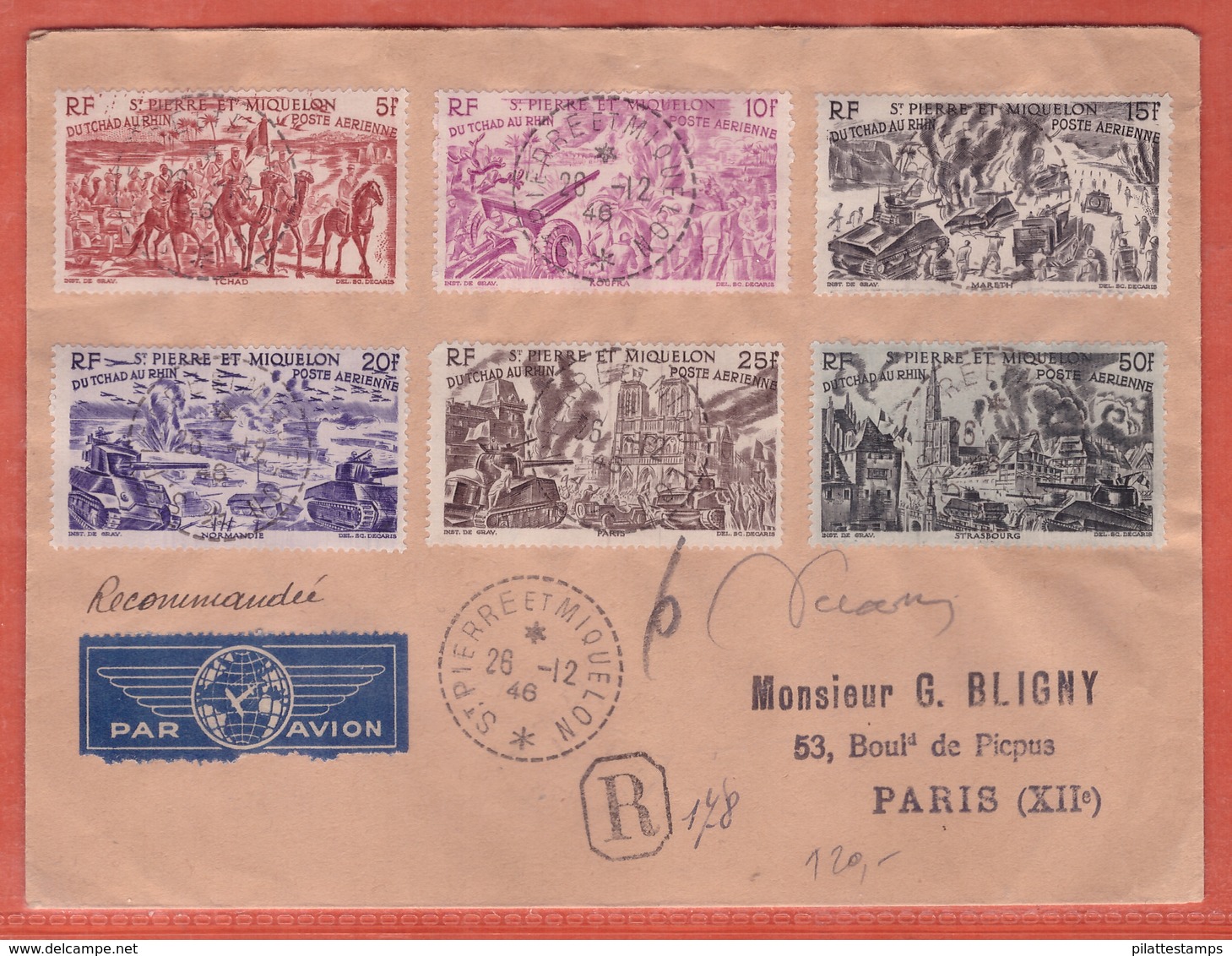 SAINT PIERRE ET MIQUELON LETTRE RECOMMANDEE SIGNEE DECARIS SERIE TCHAD AU RHIN DE 1946 DE ST PIERRE POUR PARIS FRANCE - Covers & Documents