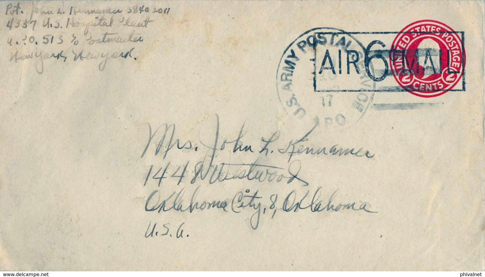 1945 ESTADOS UNIDOS , SOBRE ENTERO POSTAL , NEW YORK - OKLAHOMA , " U.S. ARMY POSTAL SERVICE " , AIR MAIL 6CENTS. - 1941-60