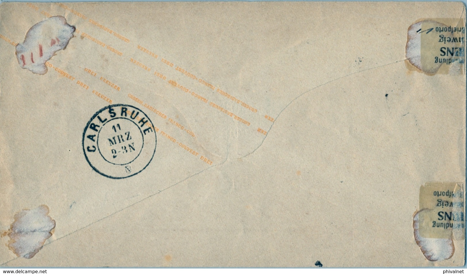 BADEN , ENTERO POSTAL DE TRES KREUZER , CIRCULADO ENTRE WEINHEIM Y CARLSRUHE , LLEGADA - Postal  Stationery