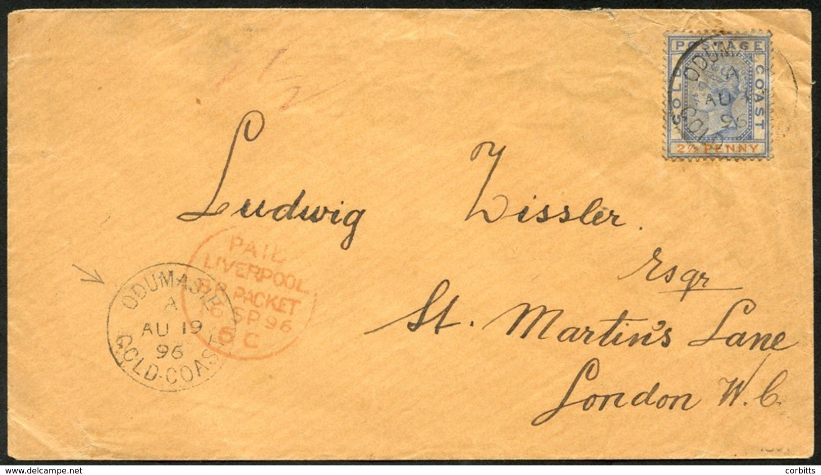 1896 (19 Aug) Env To London, Bearing 1891 2½d, Tied By 'ODUMASIE/GOLD COAST' C.d.s. & Showing Another Strike In Opposite - Autres & Non Classés