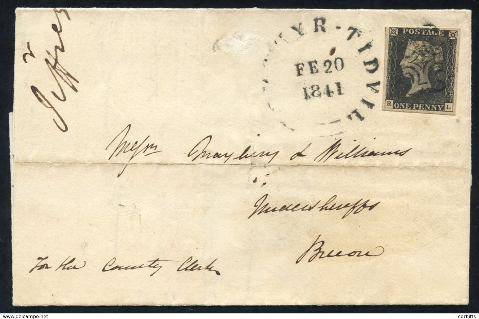 1841 Cover From Merthyr Tydfil To Brecon, Franked Pl.7 RL, Clear To Good Margins, Cancelled Black MC And Alongside Merth - Autres & Non Classés