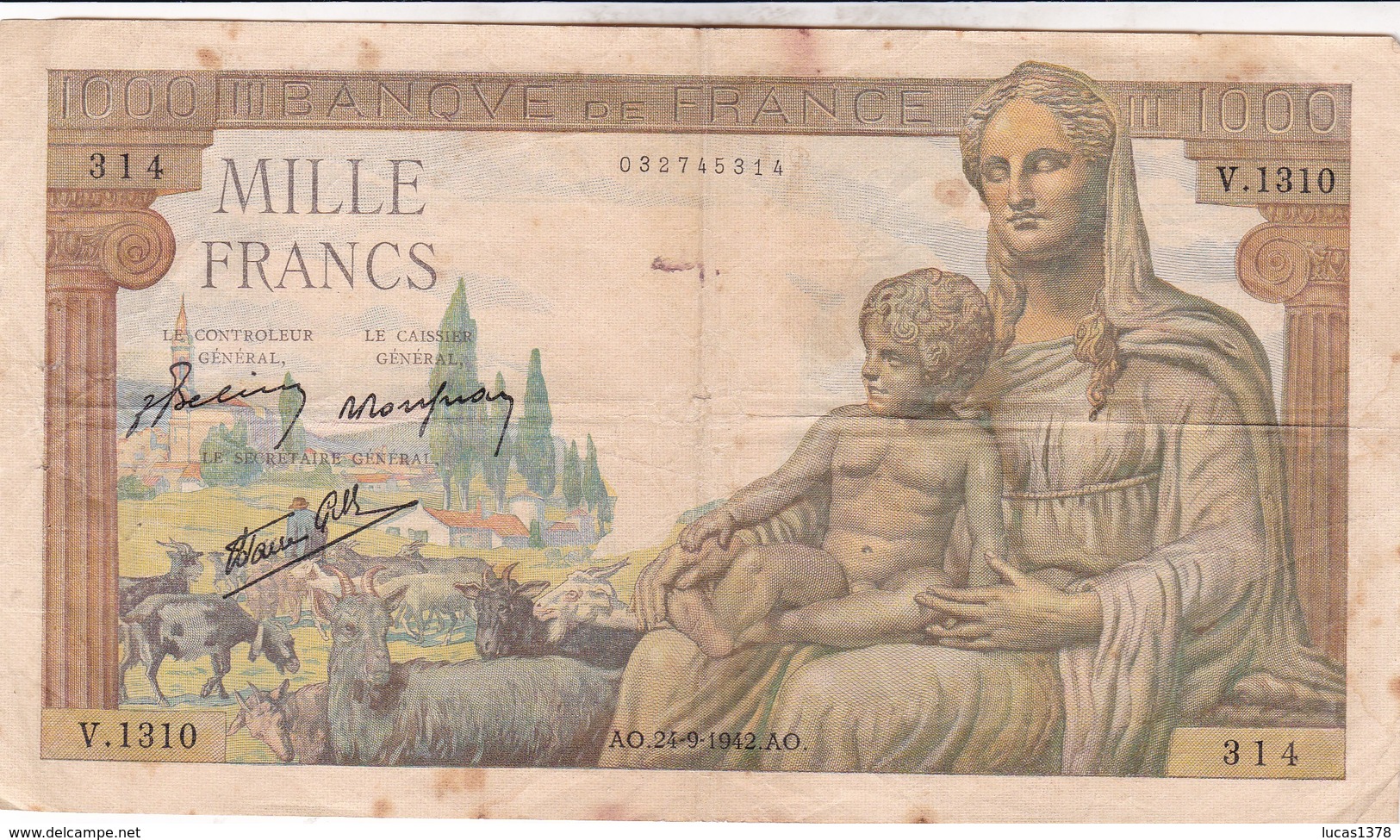 FRANCE 1000 FRANCS DEMETER 24/09/1942 - 1 000 F 1942-1943 ''Déesse Déméter''