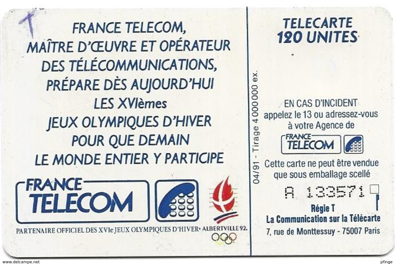Telecarte 120 - XVIèmes J.O. D'hiver - Juegos Olímpicos
