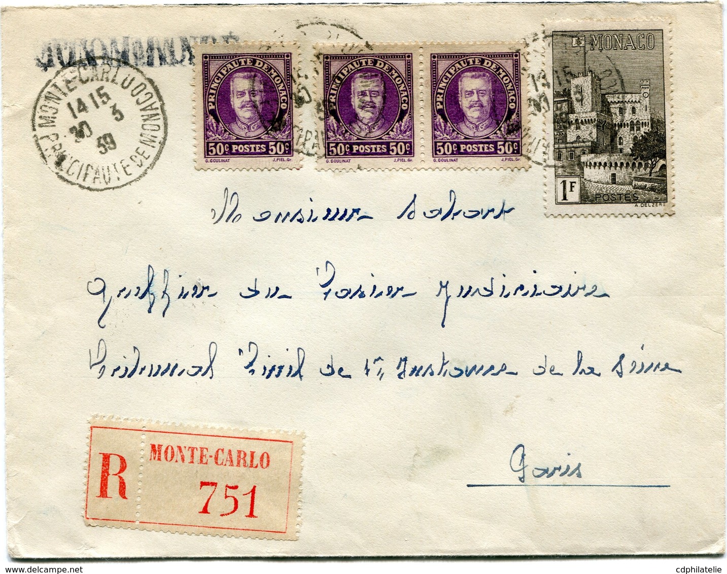 MONACO LETTRE RECOMMANDEE DEPART MONTE CARLO 30-3-39 PRINCIPAUTE DE MONACO POUR LA FRANCE - Lettres & Documents