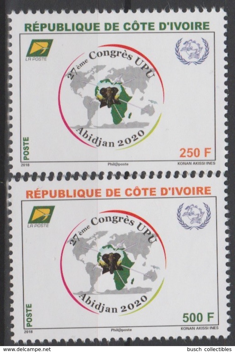 Côte D'Ivoire Ivory Coast 2018 27ème Congrès UPU Union Postale Universelle Map Abidjan 2020 Elephant Elefant 2 Val. - Eléphants