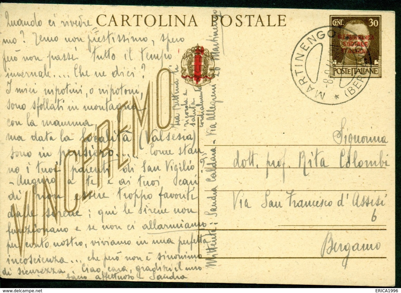 V9150 ITALIA RSI 1944 Cartolina Postale 30 C. Vinceremo Soprast., Fil. C104, Interitalia 102, Da Martinengo (BG) 8.9.44 - Entiers Postaux