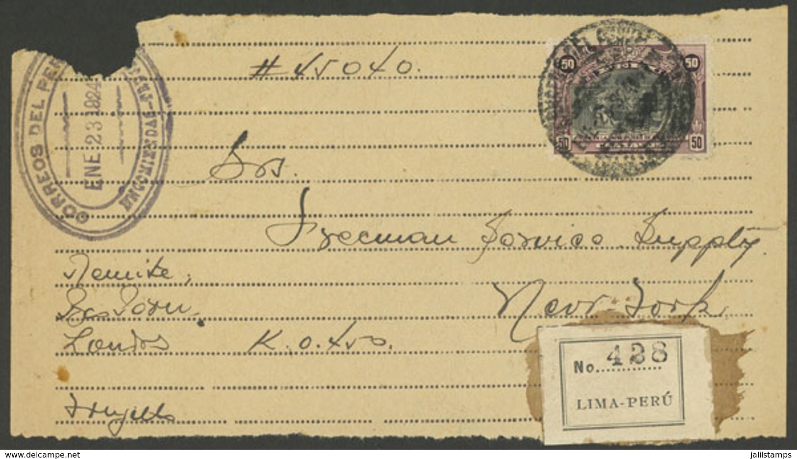 PERU: PROVISIONAL Guide For A Parcel Sent From Trujillo To New York On 23/JA/1924, Franked With 50c. (Sc.217), VF And Ra - Perú