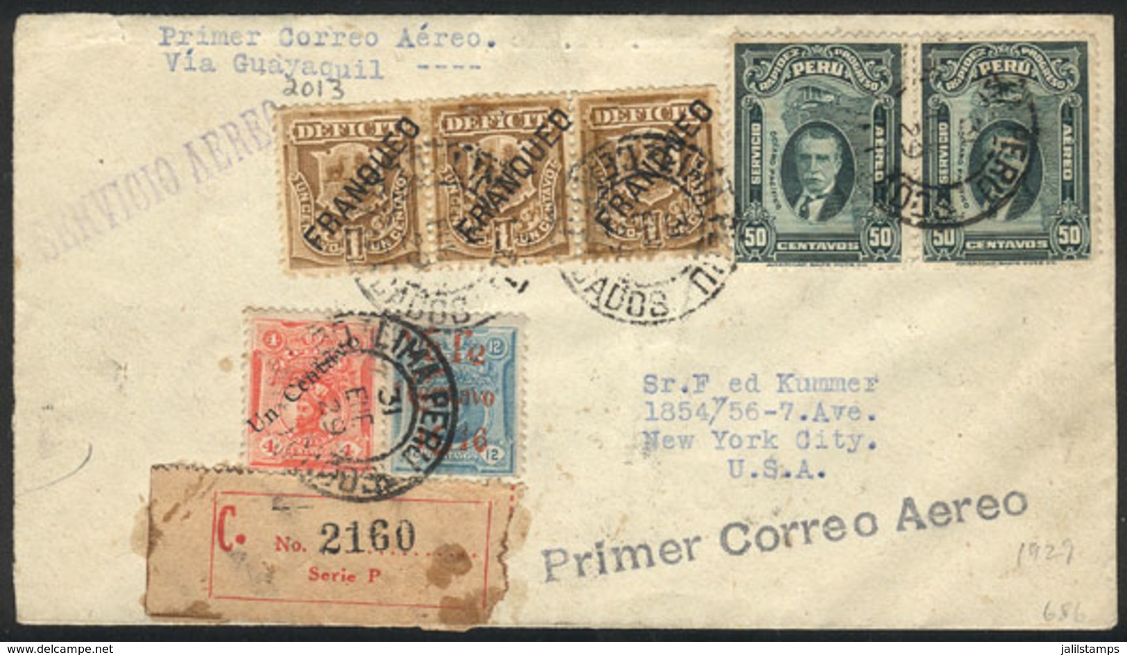 PERU: 31/JA/1929 First Flight Lima - Guayaquil, Registered Cover Sent To New York, On Back It Bears The Rare Airmail "Ta - Perú