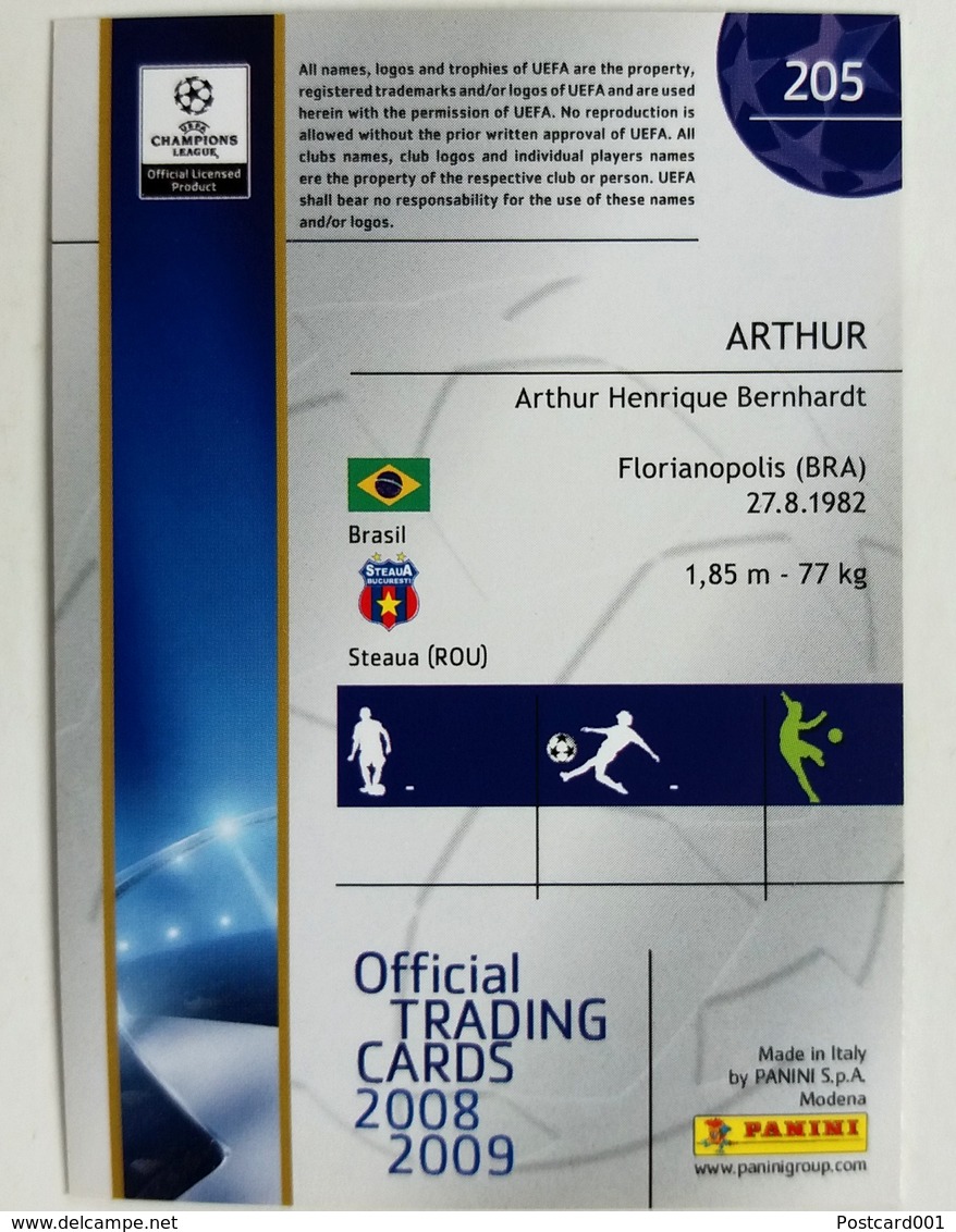 Arthur Bernhardt (Brasil) Team Steaua (ROU) - Official Trading Card Champions League 2008-2009, Panini Italy - Singles
