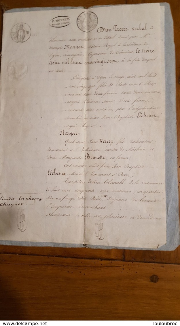 ACTE DE AOUT 1827 VENTE DE TERRE A BEIRE LE CHATEL - Historical Documents