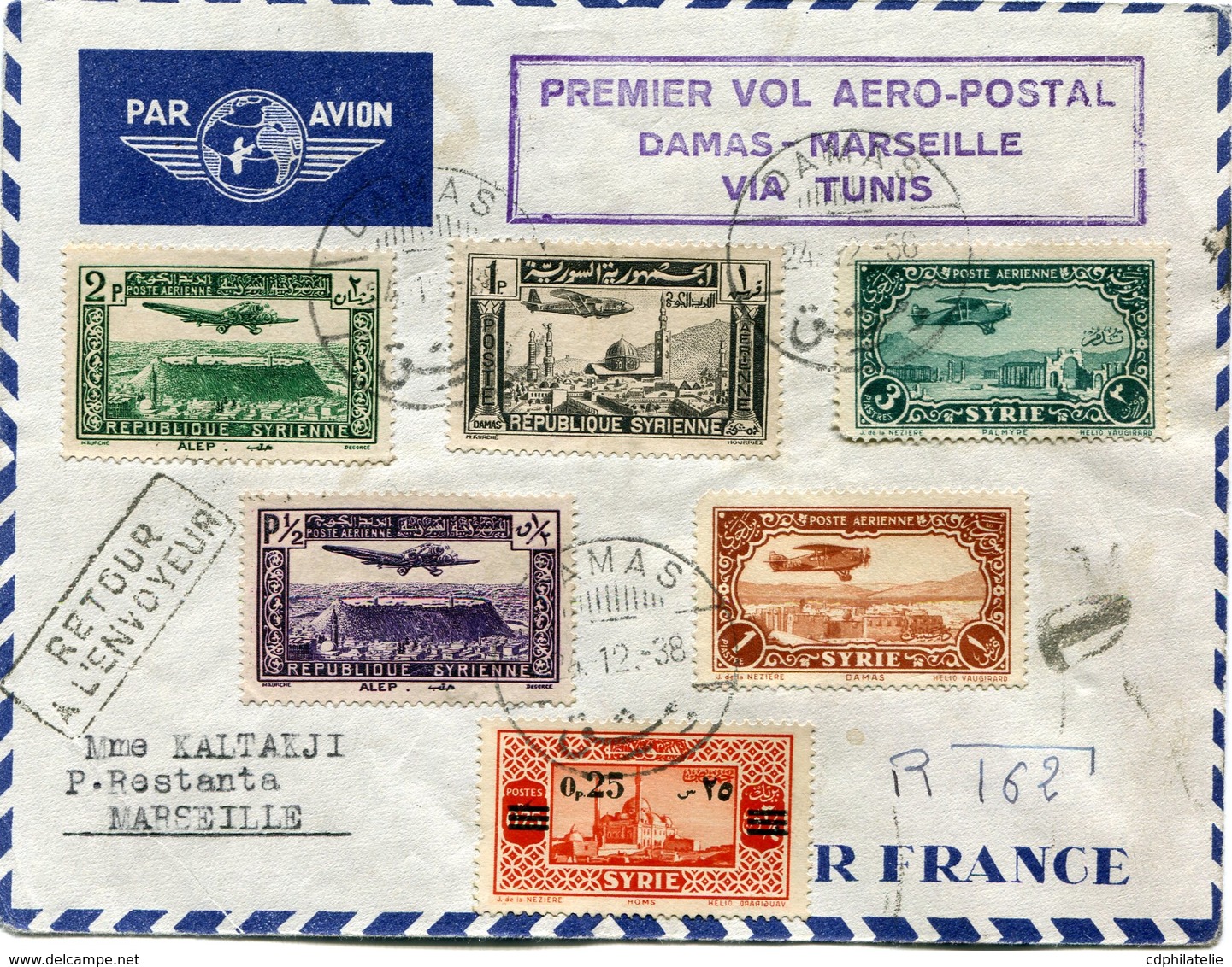 SYRIE LETTRE PAR AVION AVEC CACHET "PREMIER VOL AERO-POSTAL DAMAS-MARSEILLE VIA TUNIS"  DEPART DAMAS 24-12-38.......... - Briefe U. Dokumente