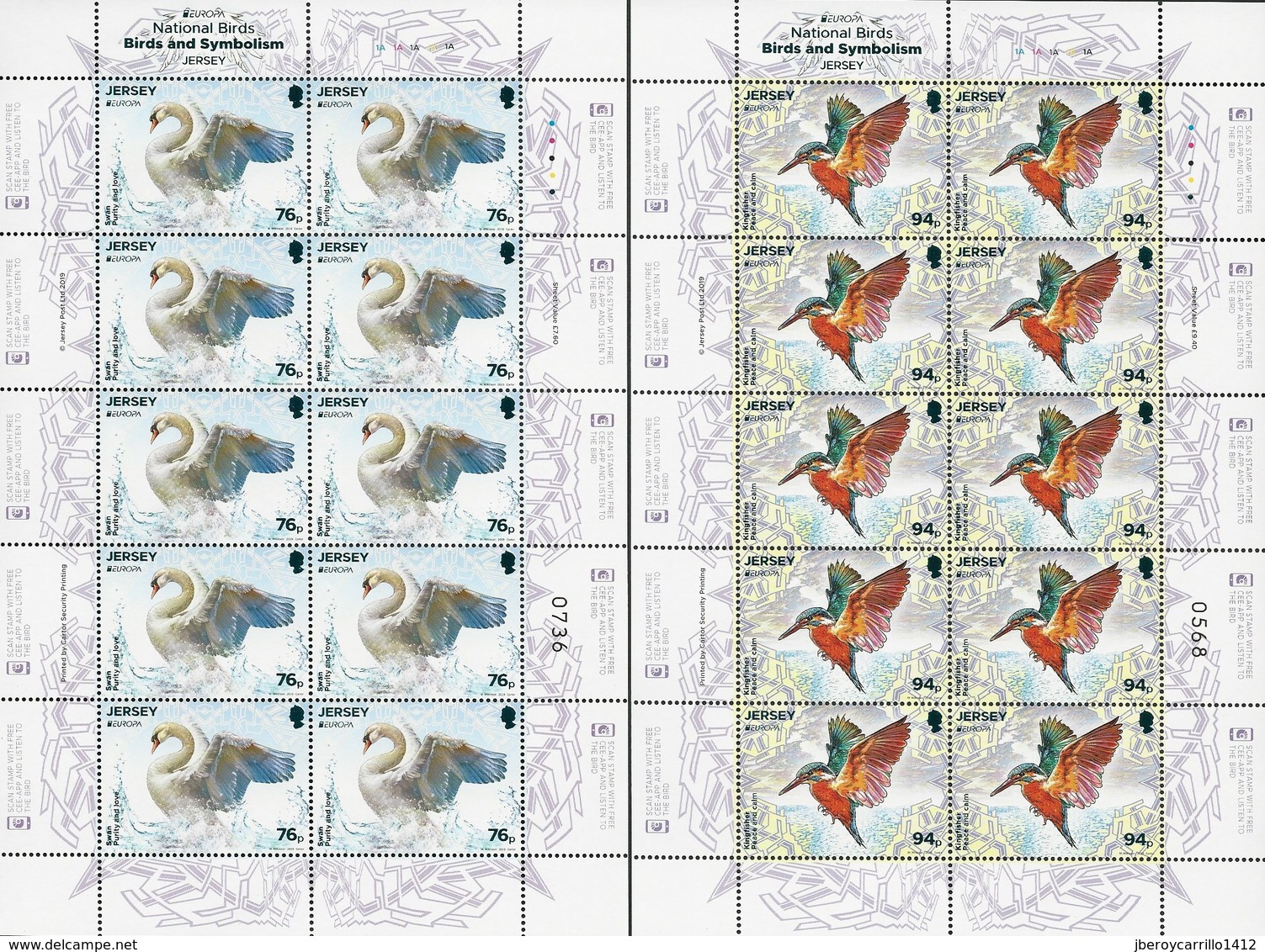 JERSEY - EUROPA 2019 - NATIONAL BIRDS & SYMBOLISH.- "AVES - BIRDS - VÖGEL - OISEAUX"- TWO SHEET Of 10 With Logo EUROPA - 2019