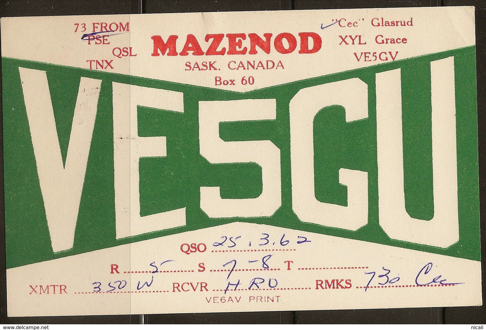 CANADA 1964 QSL Ham Radio Card VE5CU U ZZ2311 - Saskatoon