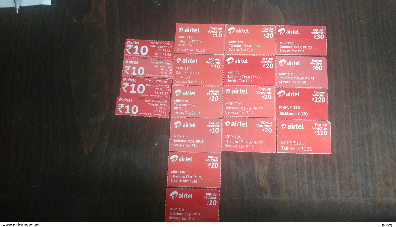 India-airtel Top Up Voucher-(82)(rs.10,20,30,60,120)(18cards)()(look Out Side)-used Card+2 Card Prepiad Free - India