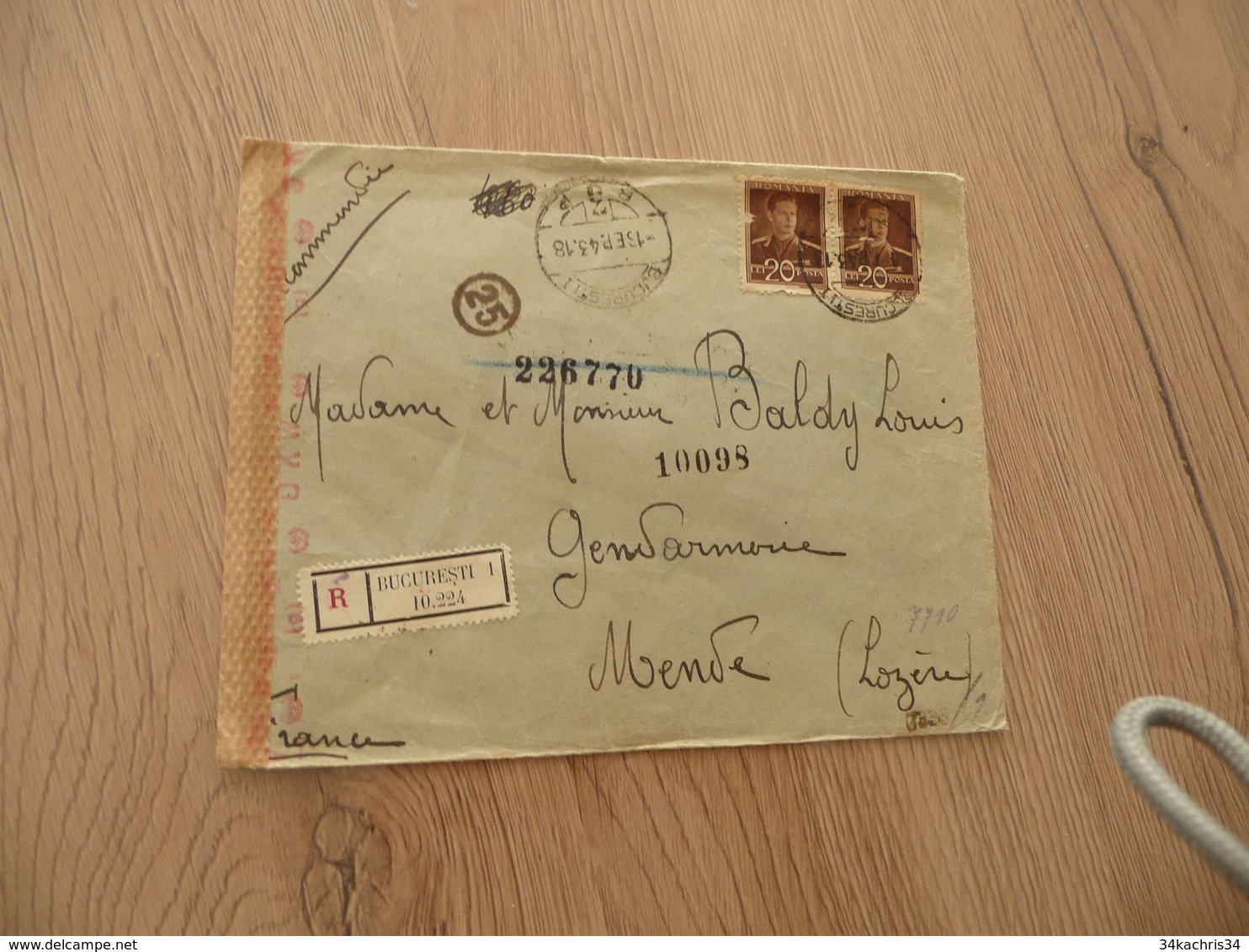 Lettre Roumanie Romania Guerre 39/45 WW2 2 TP Censure Allemande Pour Mende Lozère En Recommandé Bucarest Bucaresti - Postmark Collection