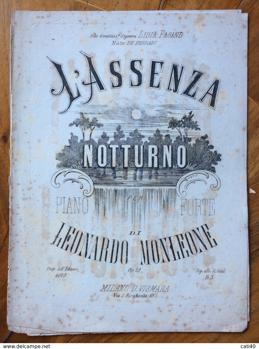 SPARTITO MUSICALE VINTAGE L'ASSENZA PER PIANOFORTE DI LEONARDO MONLEONE  MILANO D.VISMARA  EDITORE - Scholingsboek