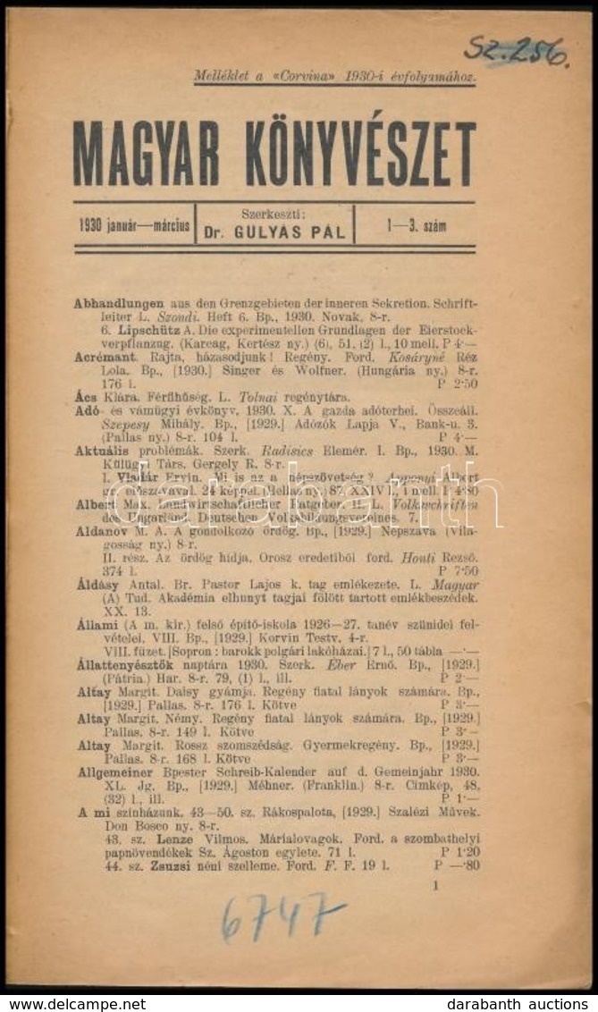 1930 Magyar Könyvészet. 1930. Január-március. 1-3. Sz. Szerk.: Dr. Gulyás Pál. Bp., Pallas-ny., 43+45+2+40 P. Átkötött F - Sin Clasificación