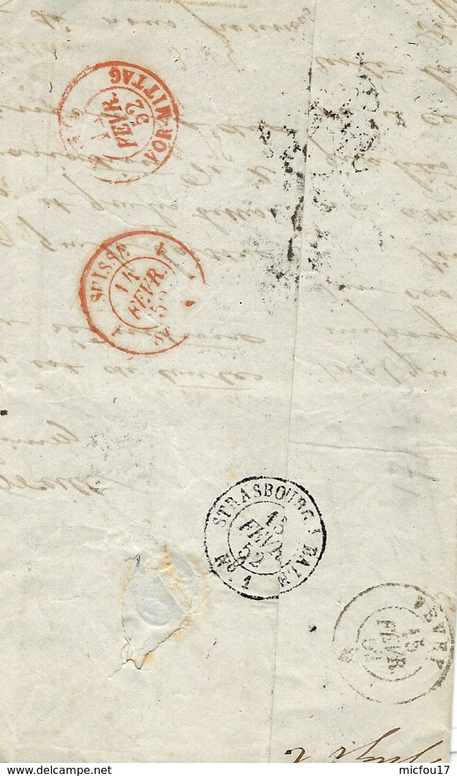 1852- Lettre En Port Du De Strasbourg TAXE 35 Suisse Crayon Rouge Pour VEVEY-au Dos,amb. Strasbourg à Bâle N°1 - 1843-1852 Kantonalmarken Und Bundesmarken