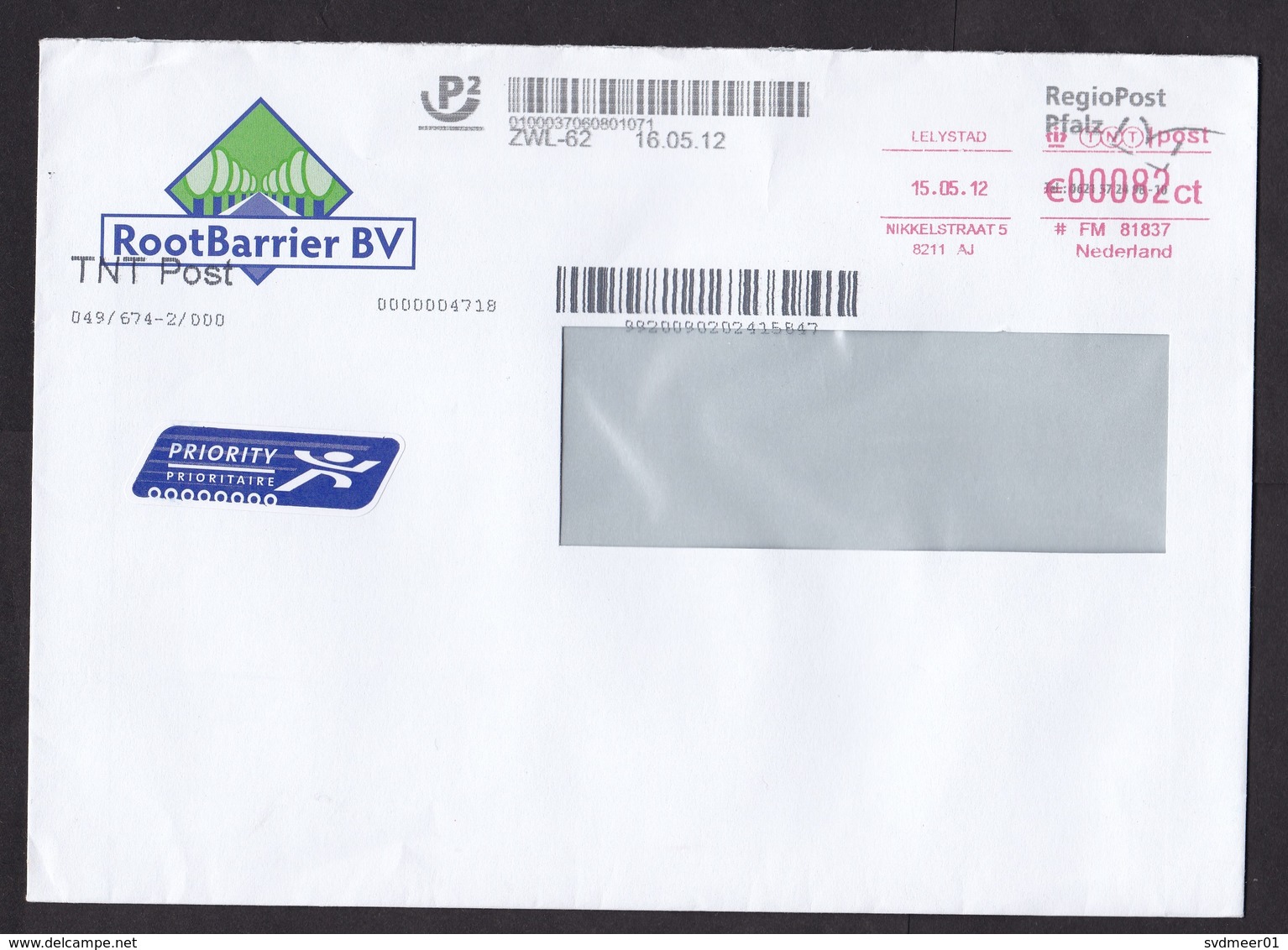 Netherlands: Cover To Germany, 2012, Meter Cancel, Via TNT & Local Private Service RegioPost Pfalz (traces Of Use) - Covers & Documents