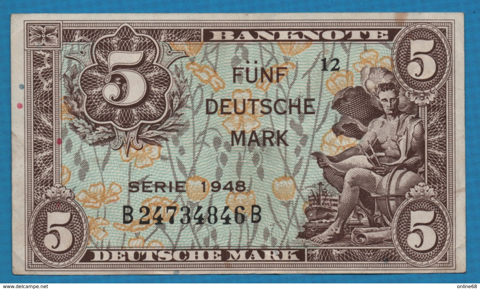 DEUTSCHLAND U.S. ARMY COMMAND 	5 Deutsche Mark	1948 Serie 12   B24734846B P# 4a - 5 Mark