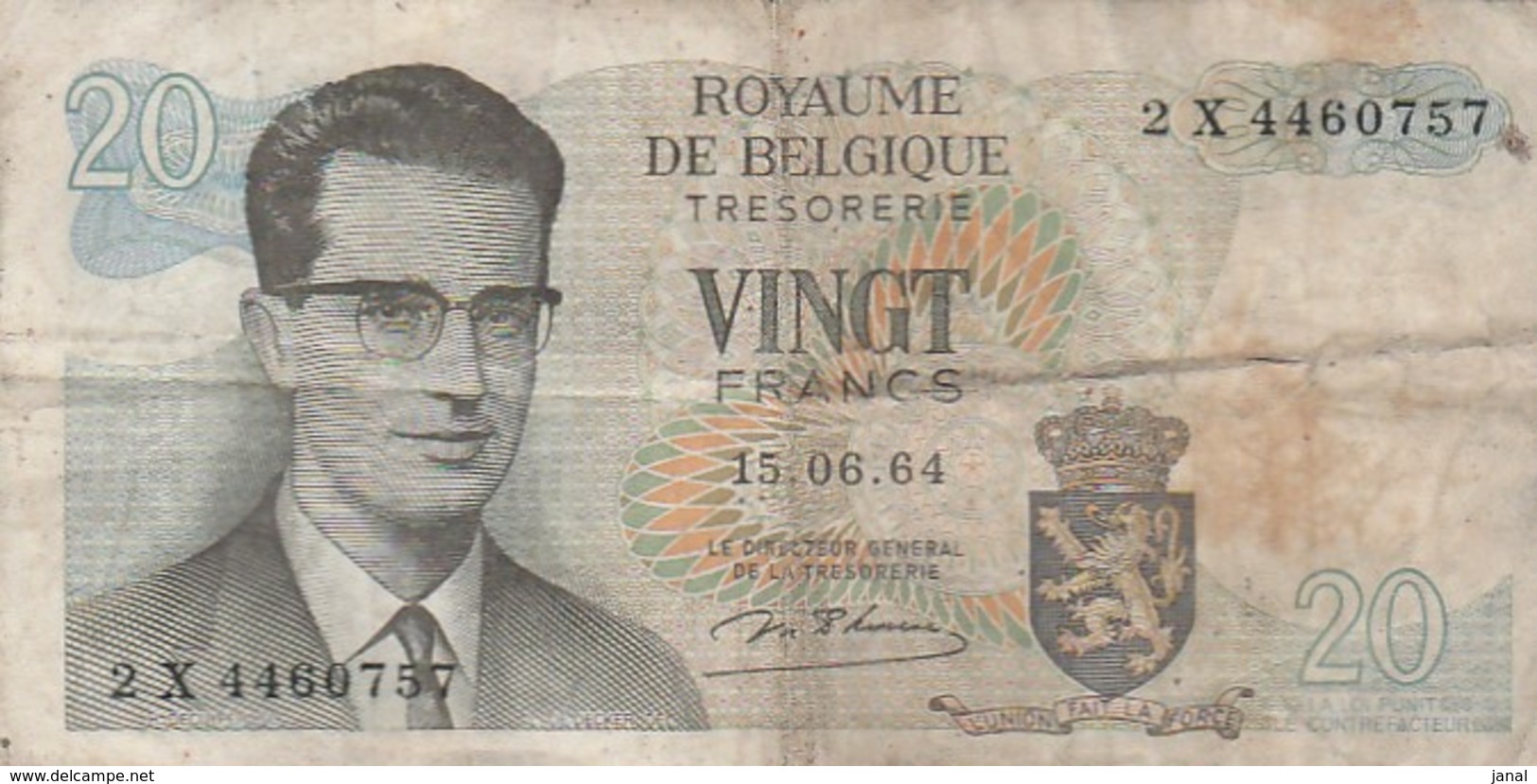 BELGIQUE - VINGT FRANCS -15.06.64. 2 X 4460757 - ROYAUME DE BELGIQUE -TRESORERIE - - 20 Franchi