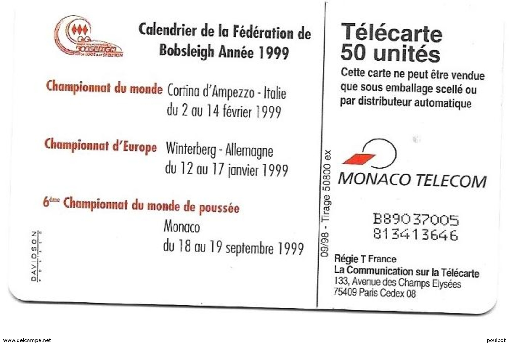 Télécarte Monaco  Bobsleigh - Mónaco