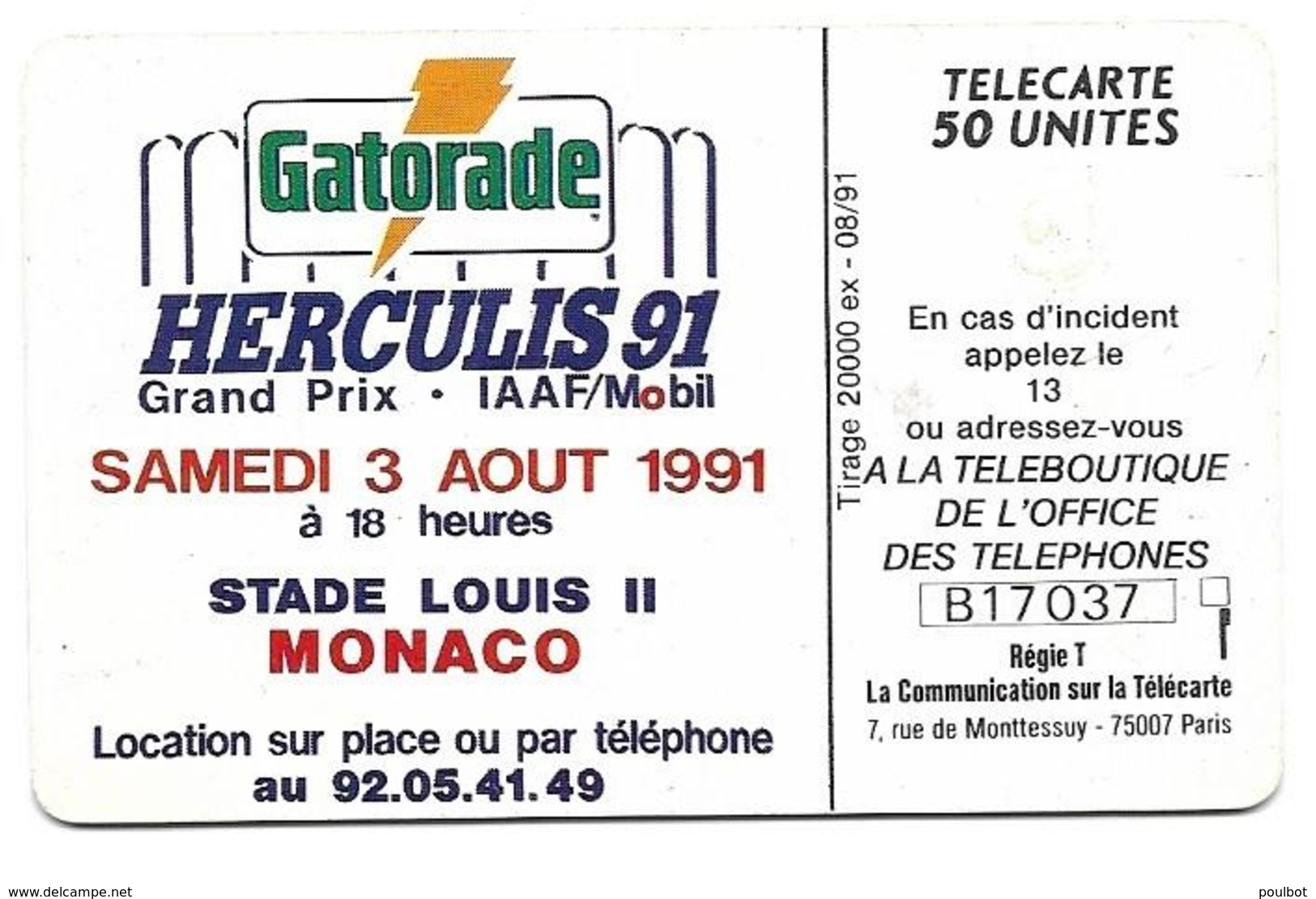 Télécarte Monaco MF15 Gatorade Herculis 91 - Mónaco