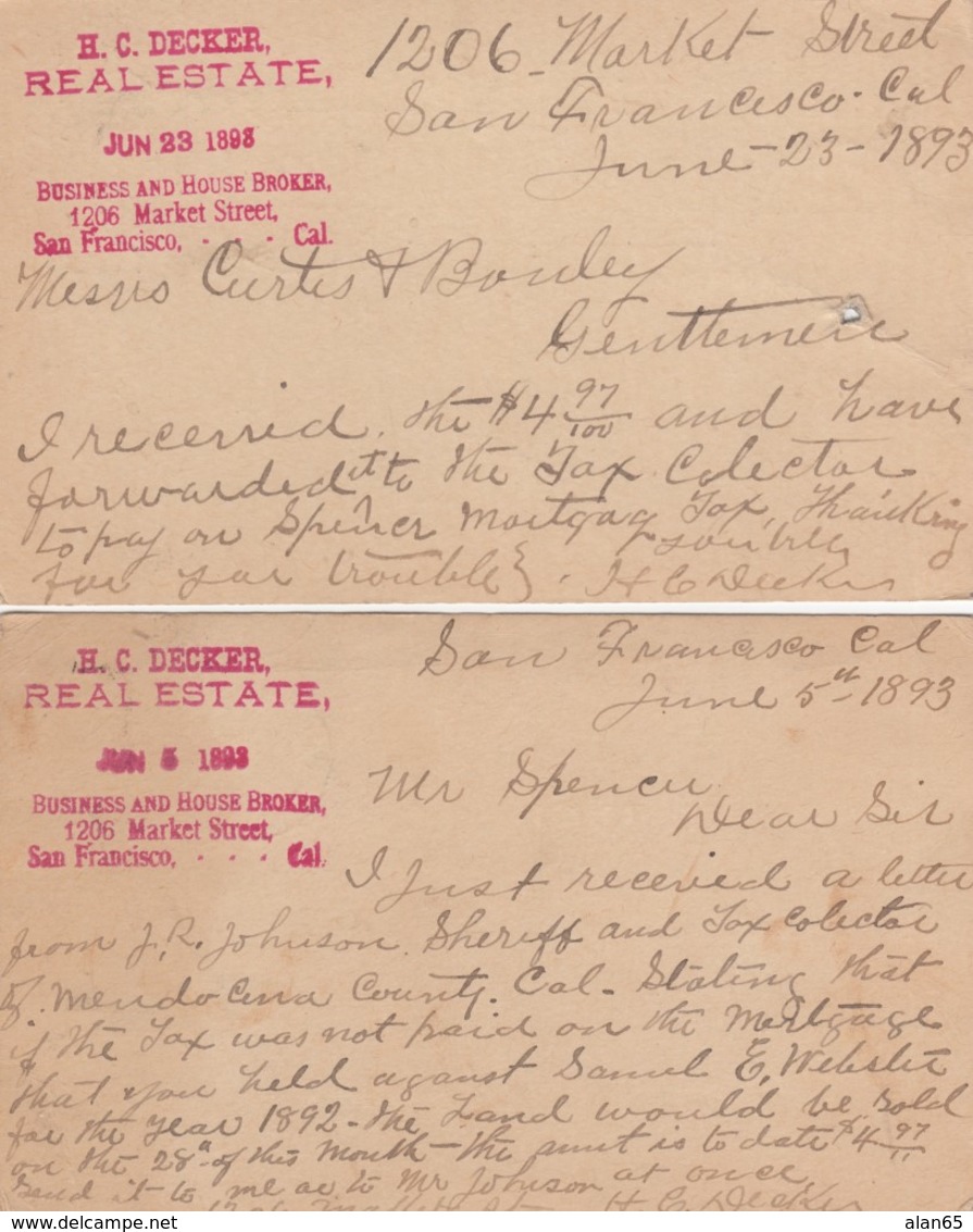 Sc#UX10 1c Grant 1891 Postal Card, Property Tax Messages HC Decker San Francisco Real Estate Broker - ...-1900