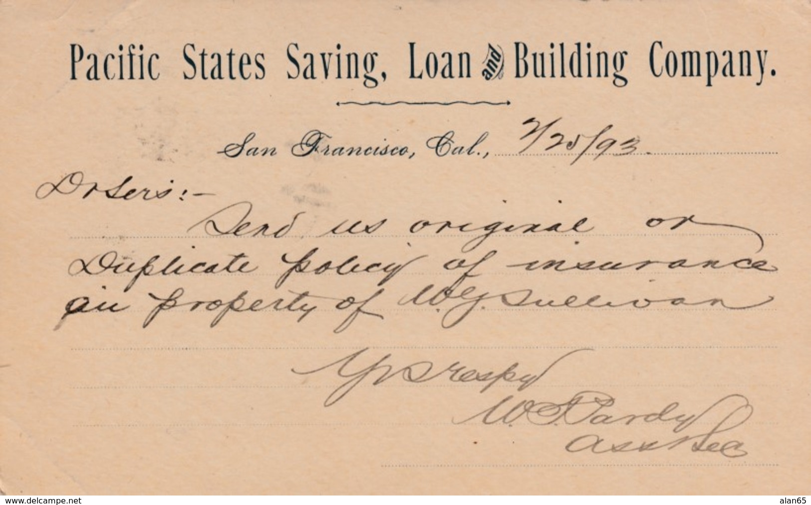 Sc#UX10 1c Grant 1891 Postal Card, Request For Property Insurance Policy, Pacific States Savings Loan & Building Company - ...-1900