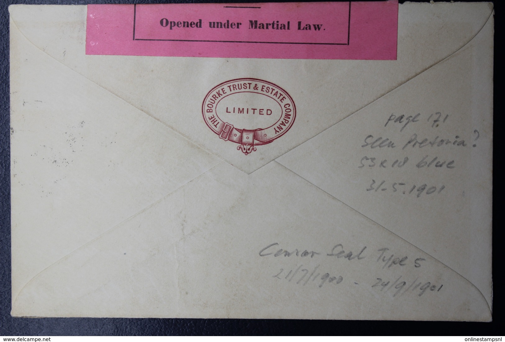 Boer War Period Opened Under Martial Law Censor Cancel In Blue (R) 53*18 Mm Pretoria Local 20-8-1901 - Transvaal (1870-1909)