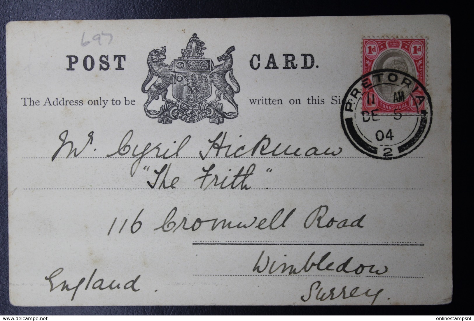 TRANSVAAL POSTCARD PRETORIA -> WIMBLEDON UK 5-12-1904 - Transvaal (1870-1909)