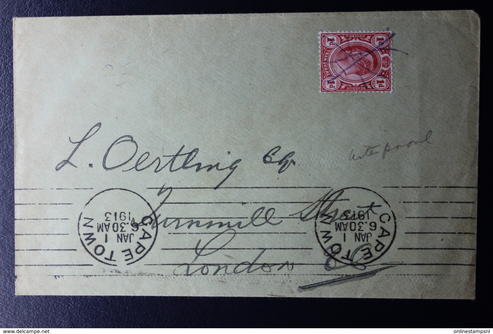 TRANSVAAL INTERPROVINCIAL PERIOD CAPE TOWN -> LONDON 1-1-1913 MISPLACED MACHINE CANCEL - Transvaal (1870-1909)