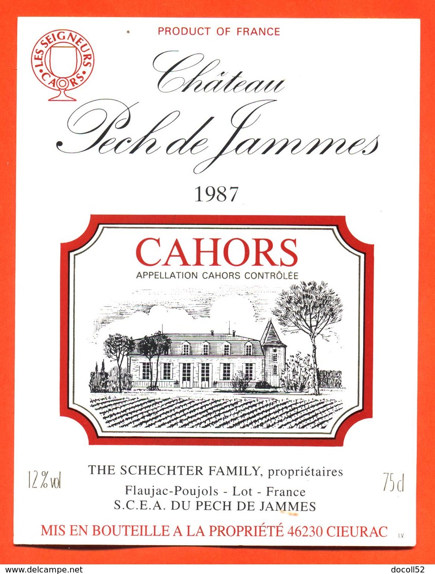 étiquette De Vin De Cahors Chateau Pech De Jammes 1987 Schechter à Flaujac Poujols - 75 Cl - Cahors