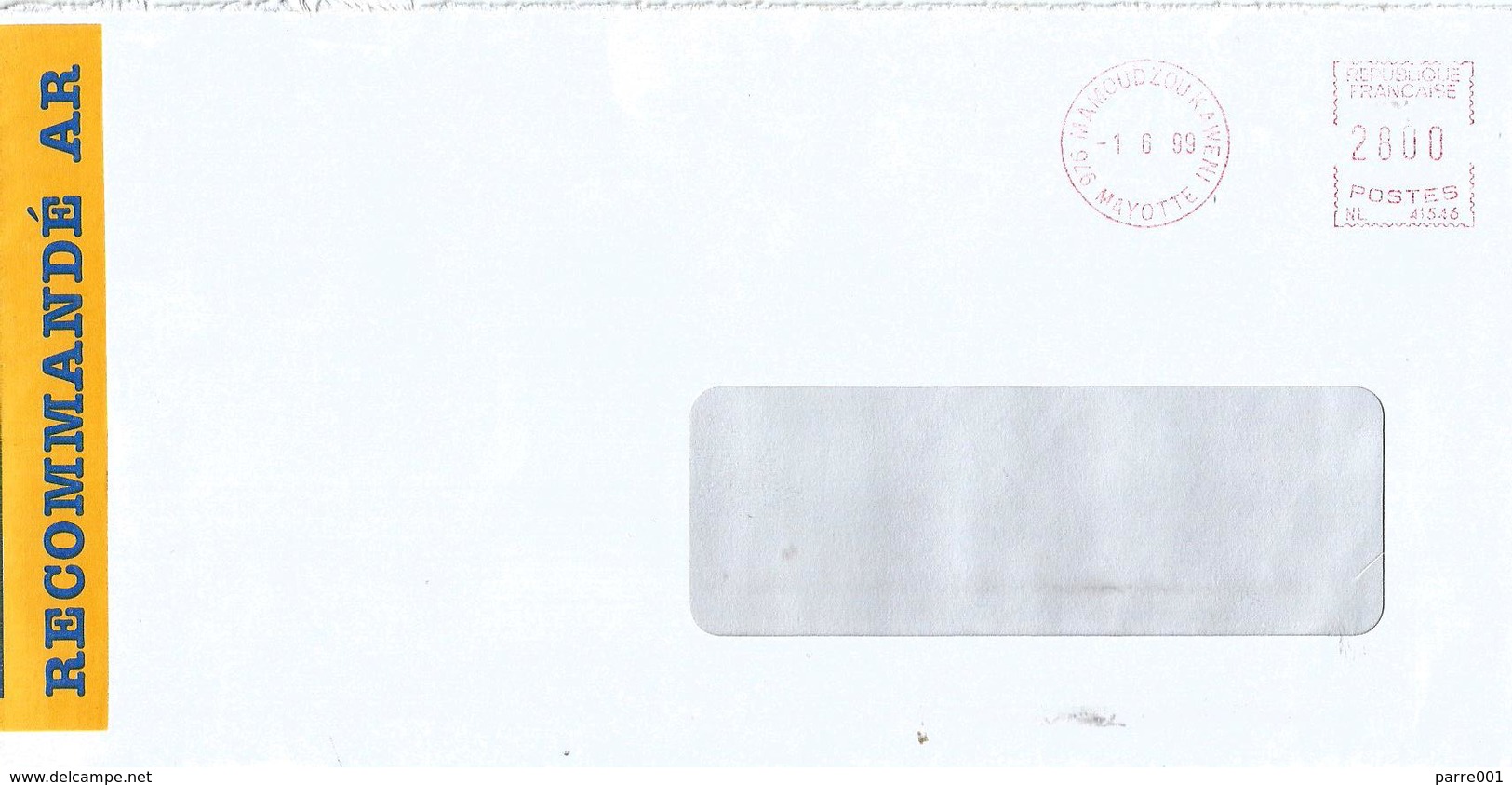 Mayotte 1999 Mamoudzou Kaweni Meter SECAP NL41546 EMA Advice Of Receipt AR Registered Domestic Cover - Covers & Documents