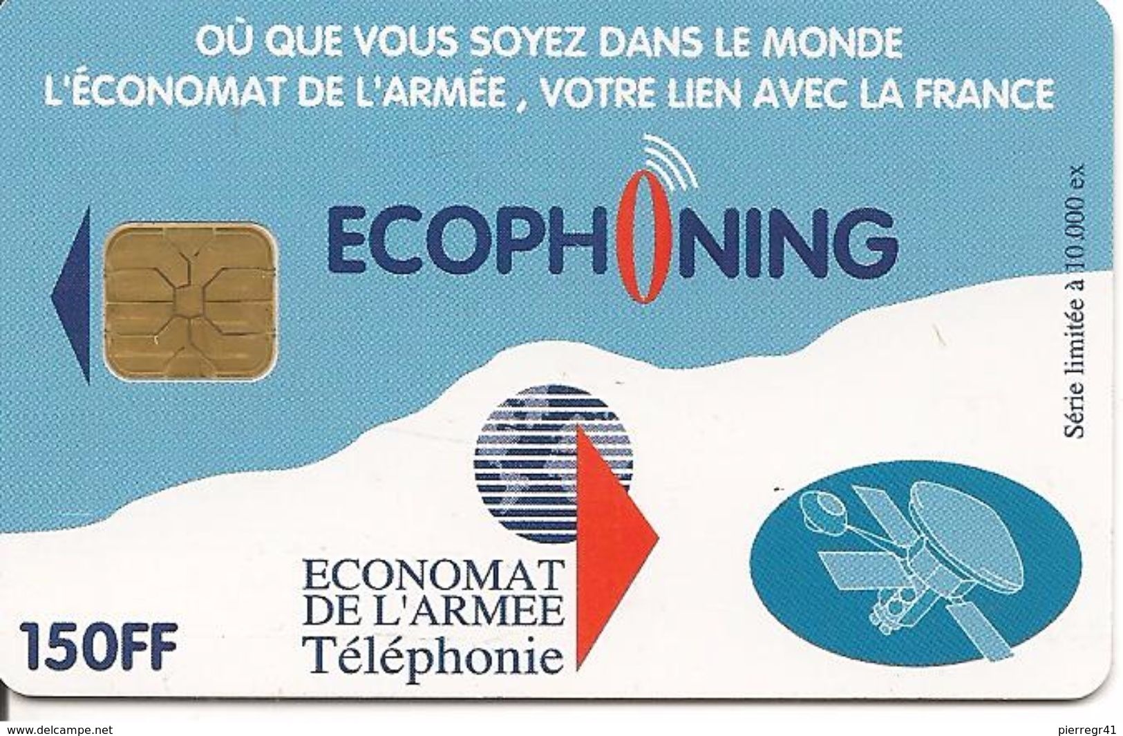 CARTE-PUCE-MILITAIRE- ECOPHONING-SFOR 5-150FF-V° SATELLITE-BLEUE-10000ex-TBE - - Military Phonecards