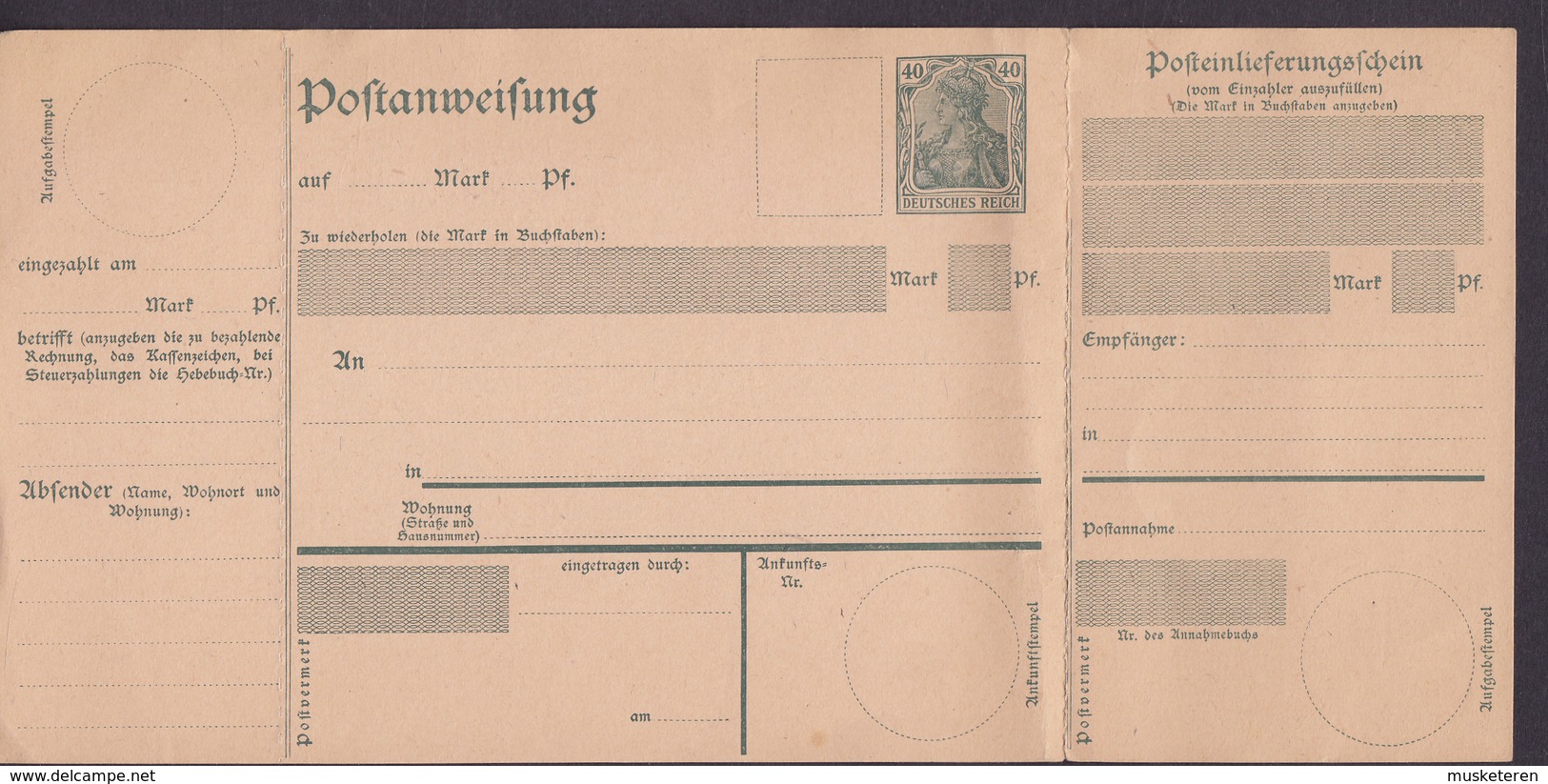 Germany Deutsches Reich Postal Stationery Ganzsache 40 Pf. Germania Postanweisung (Unused) - Sonstige & Ohne Zuordnung