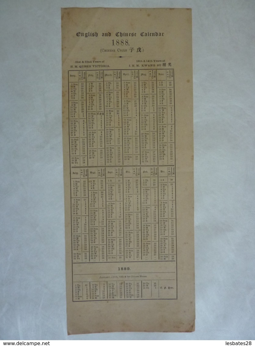 ALMANACH CALENDRIER 1888 recto verso English and Chinese Calendar 51st &  52nd Years of H.M QUEEN VICTORIA chem 3-32