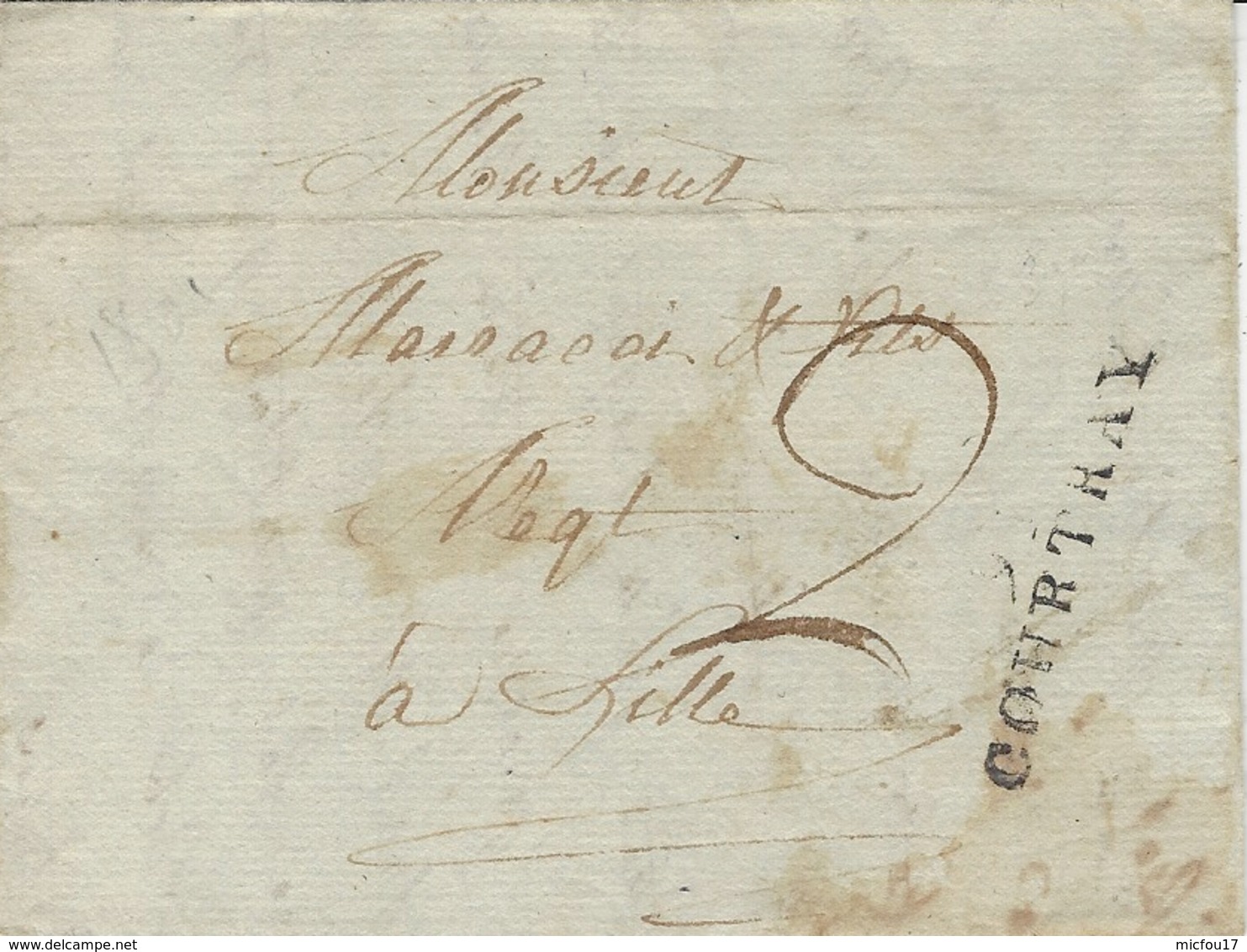 1802-lettre De 91 / COURTRAY  ( La Lys ) 39 Mm Noir  Taxe 2 D Pour Lille - 1794-1814 (Periodo Frances)