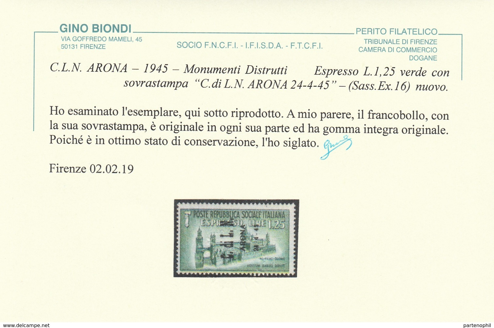 386 ** Arona 1945 – Soprastampato Espresso N. 16. Cert. Biondi. Cat. € 750,00 - Ortsausgaben/Autonome A.