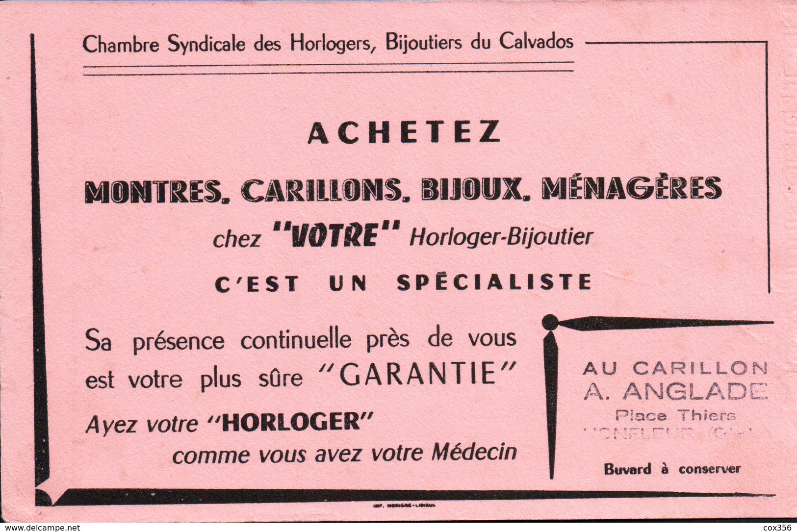 Ancien BUVARD Illustré MONTRES CARILLONS BIJOUX A.ANGLADE à HONFLEUR - H