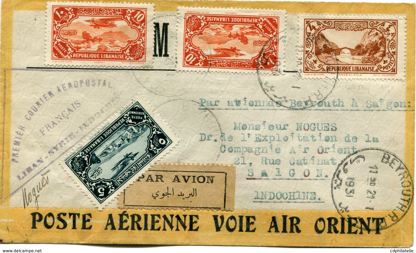 GRAND LIBAN LETTRE POSTE AERIENNE VOIE AIR ORIENT AVEC CACHET "PREMIER COURRIER AEROPOSTAL FRANCAIS..." SIGNEE NOGUES - Cartas & Documentos