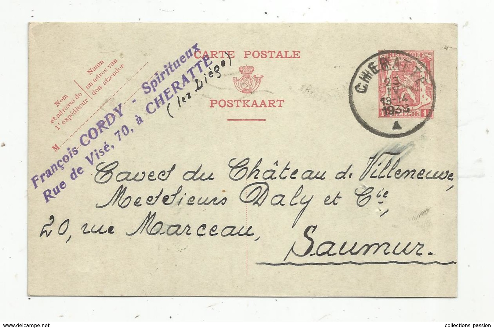 Entier Postal , Belgique, Carte Postale, CHERATTE , 1938,  F. Cordy,spiritueux, 3 Scans - Cartes Postales 1934-1951