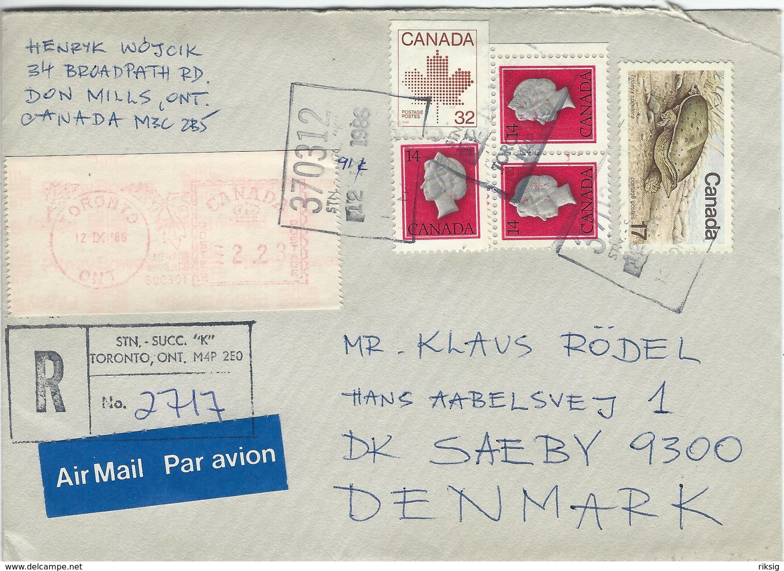 Canada - Airmail. Registered Cover Sent To Denmark 1986.. H-1592 - Aangetekend