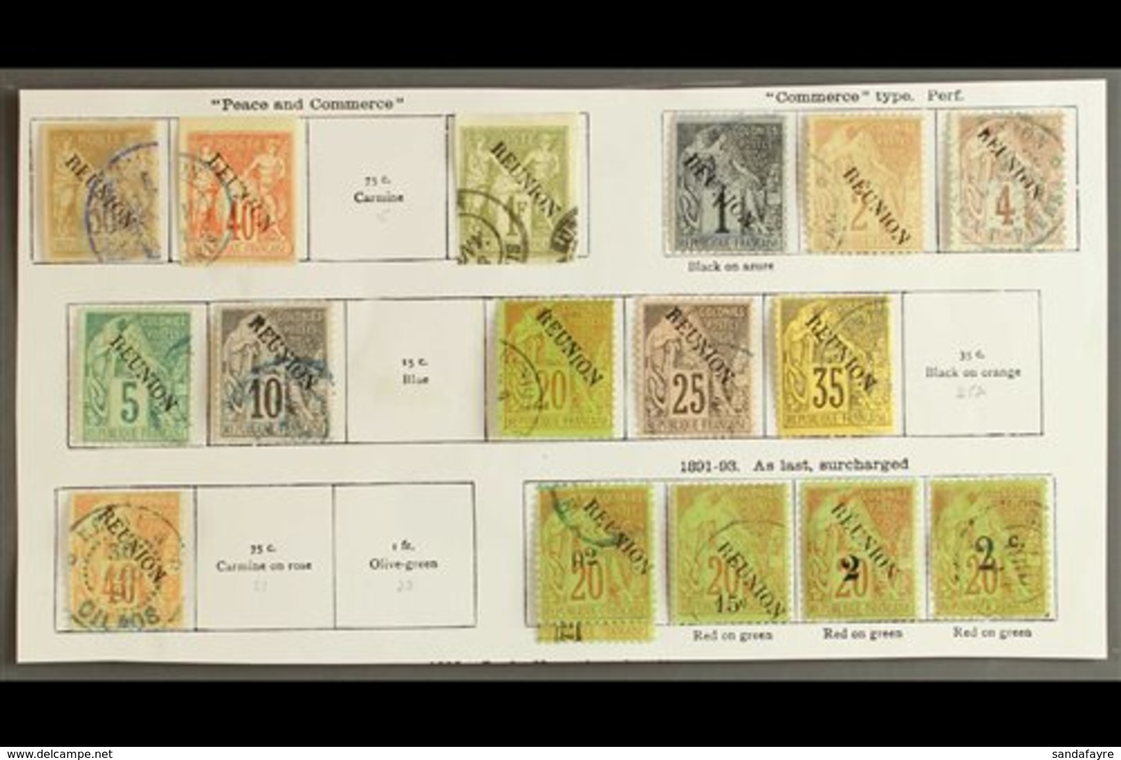 REUNION  1891 - 1893 Fine Used Selection With 1877 Imperfs 30c, 40c And 1fr (without Accent), 1881 Commerce Types Values - Other & Unclassified