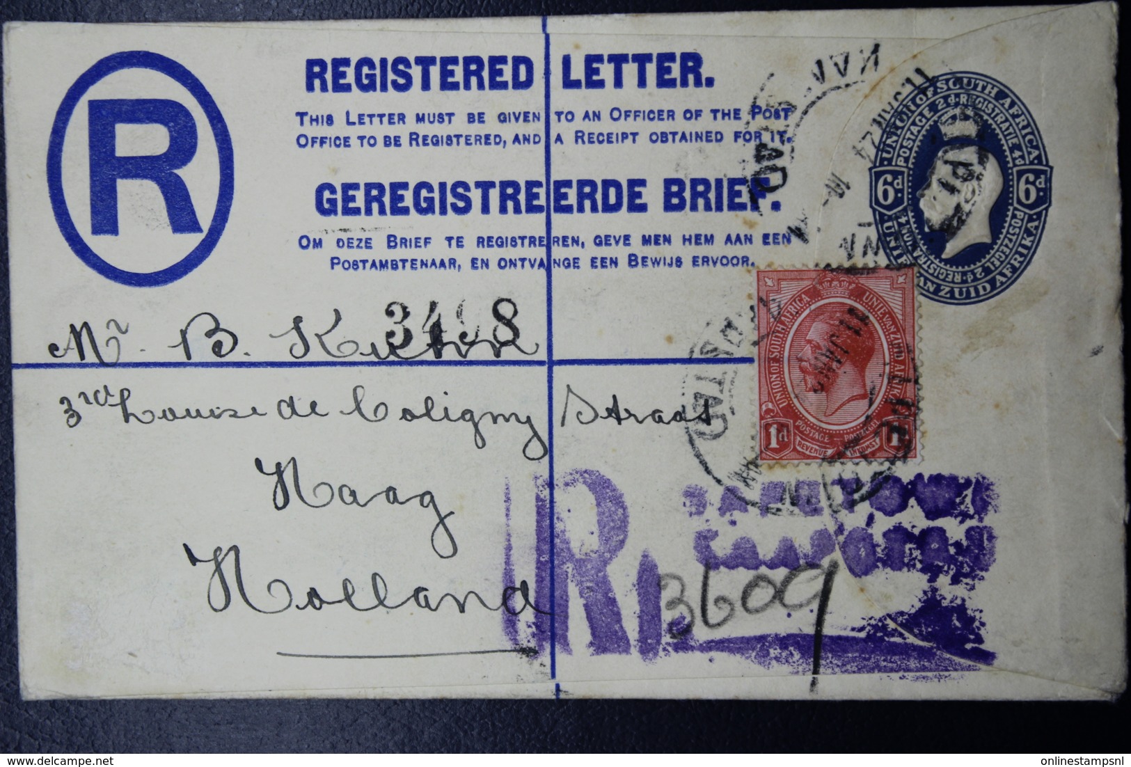 South Africa: Registered Cover Kaapstad  11-1-1924  HG 5 Uprated - Briefe U. Dokumente