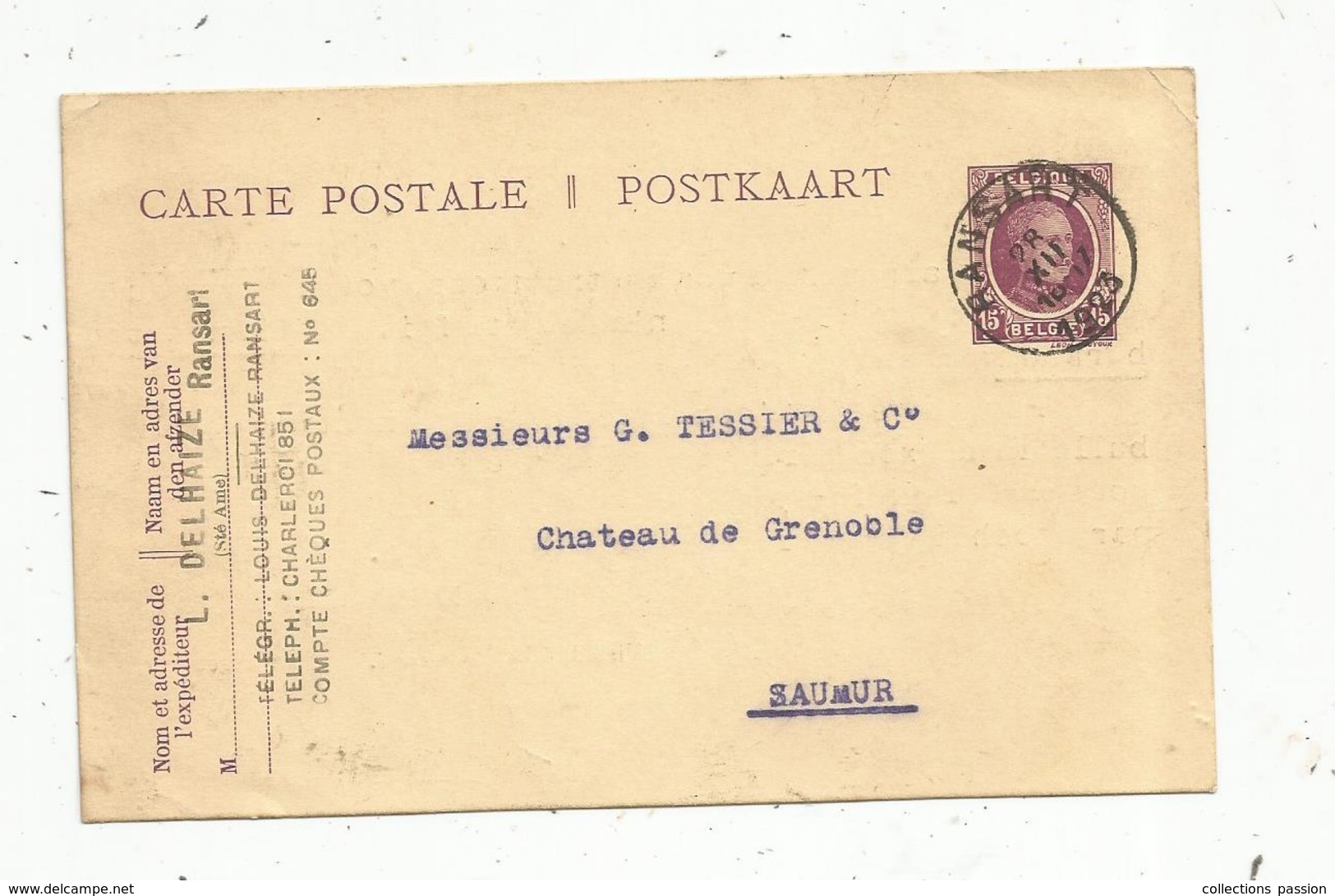 Entier Postal , Belgique, Carte Postale,  RANSART 1923 , L. Delhaize,Sté Ame, 2 Scans - Postcards 1909-1934