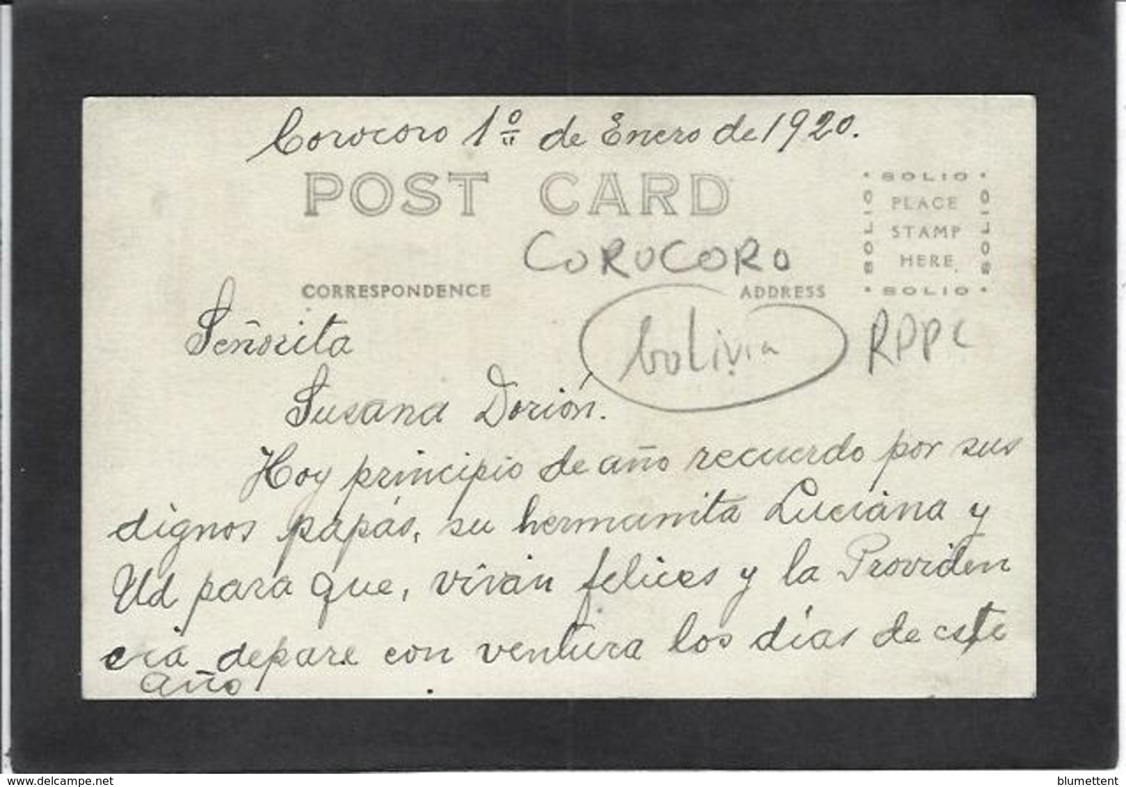 CPA Bolivie Bolivia écrite Corocoro Carte Photo RPPC - Bolivië