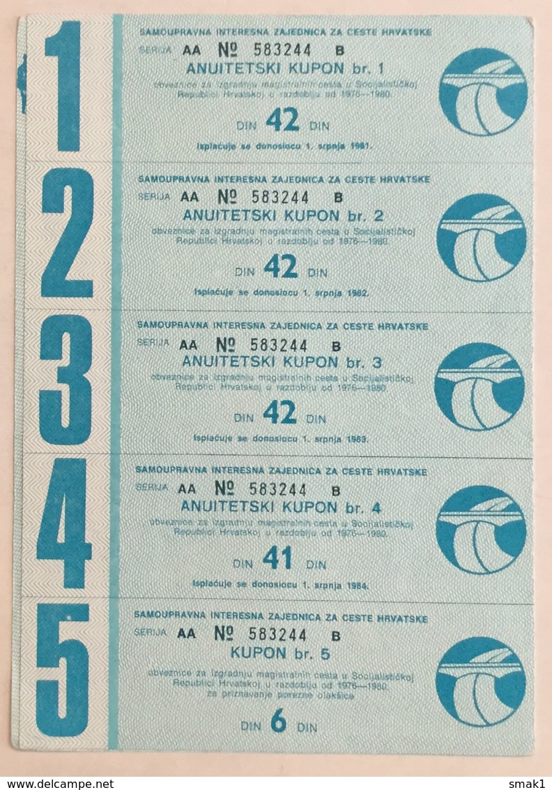 AKTIE  BOND   SHAREHOLDING   CROATIA  MOTORWAY CONSTRUCTION  1976 - Transportmiddelen