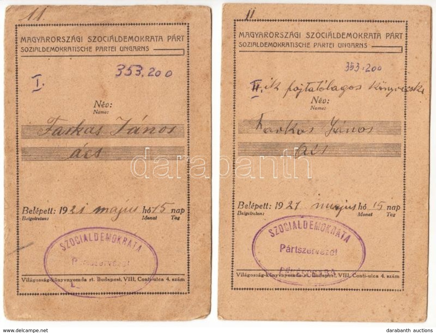 1921-1925 2 Db Magyarországi Szociáldemokrata Párt Tagsági Igazolvány, Békécsaba, Sok Bélyeggel. - Unclassified