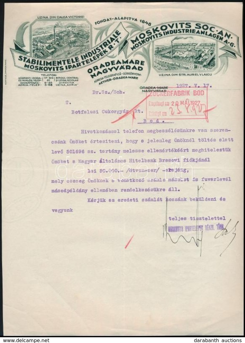 1926-1927 Nagyvárad, A Moskovits Ipartelepek 2 Db Hivatalos Levele, Díszes Fejléces Papíron - Unclassified